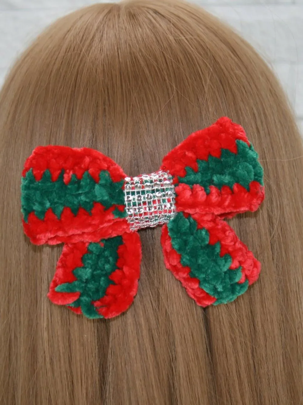 HAND CRAFTED Hair Bow Kids Christmas Crochet Chenille Velvet Hair Barrette Red